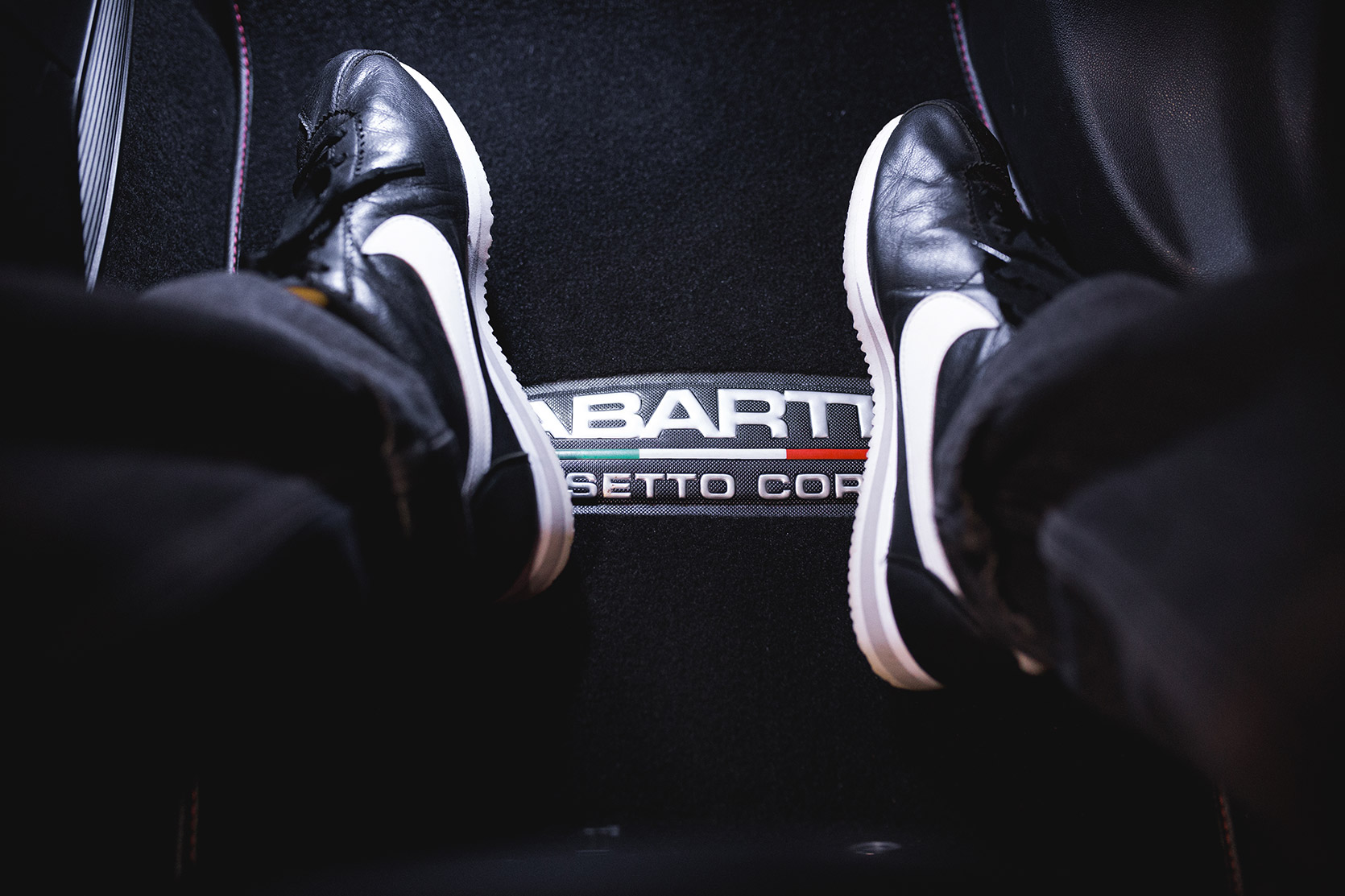Nike Cortez on Punto Evo Abarth Esseesse floormats