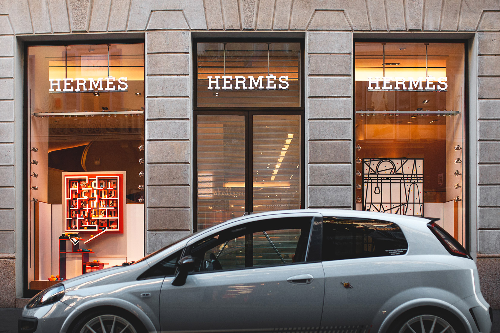 A Punto Evo Abarth Esseesse at Hermes boutique in Via Montenapoleone in Milano