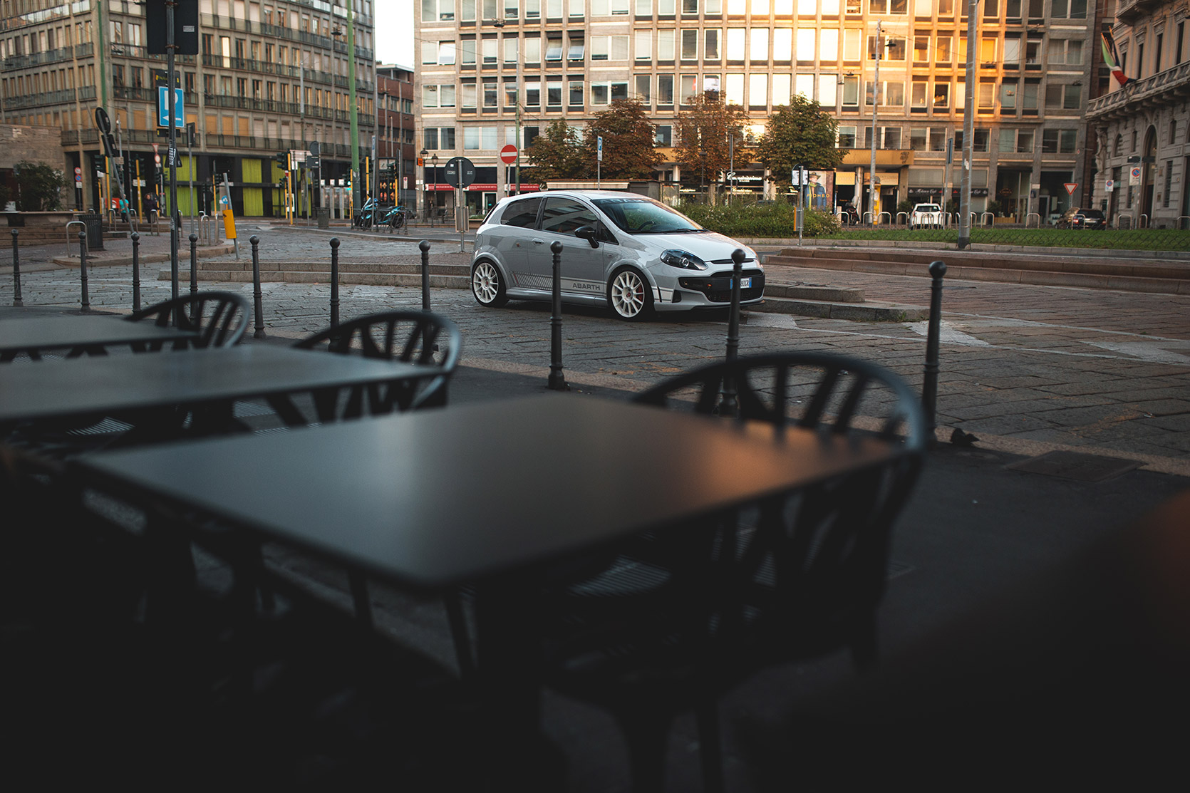 A Punto Evo Abarth Esseesse parked near the Swiss Corner in Milano