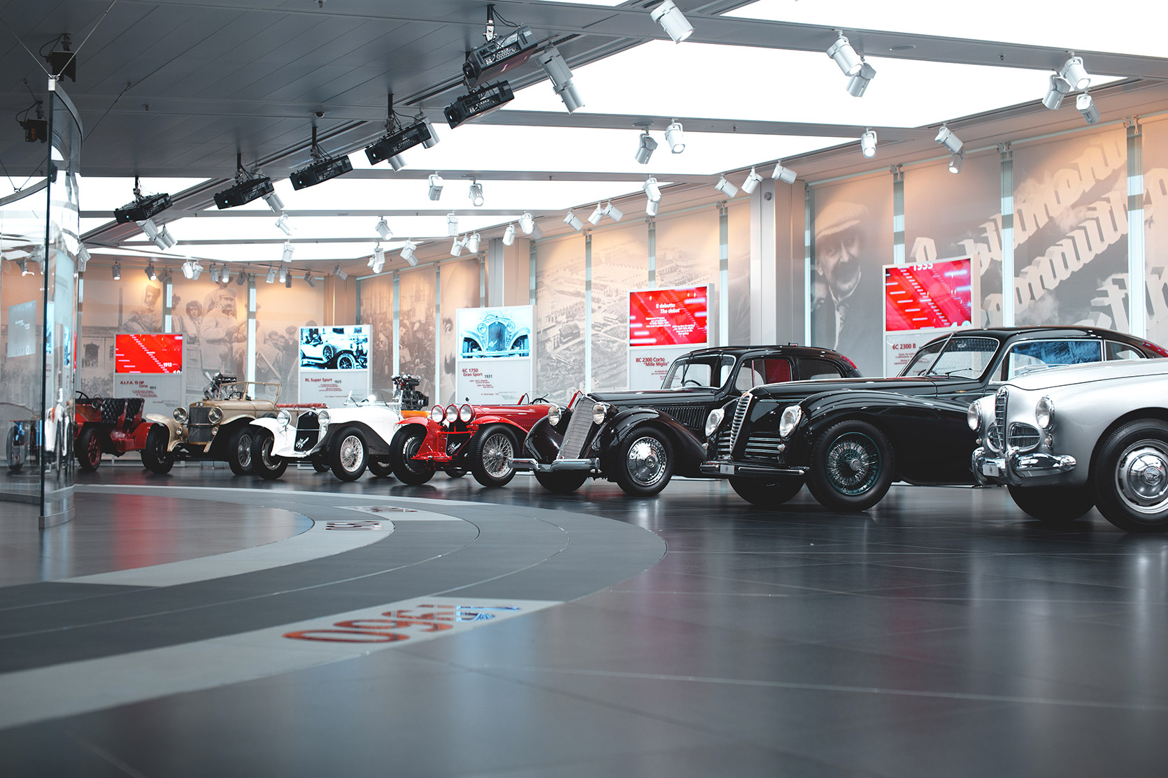 Old Alfa Romeo line-up at Alfa Romeo Museum