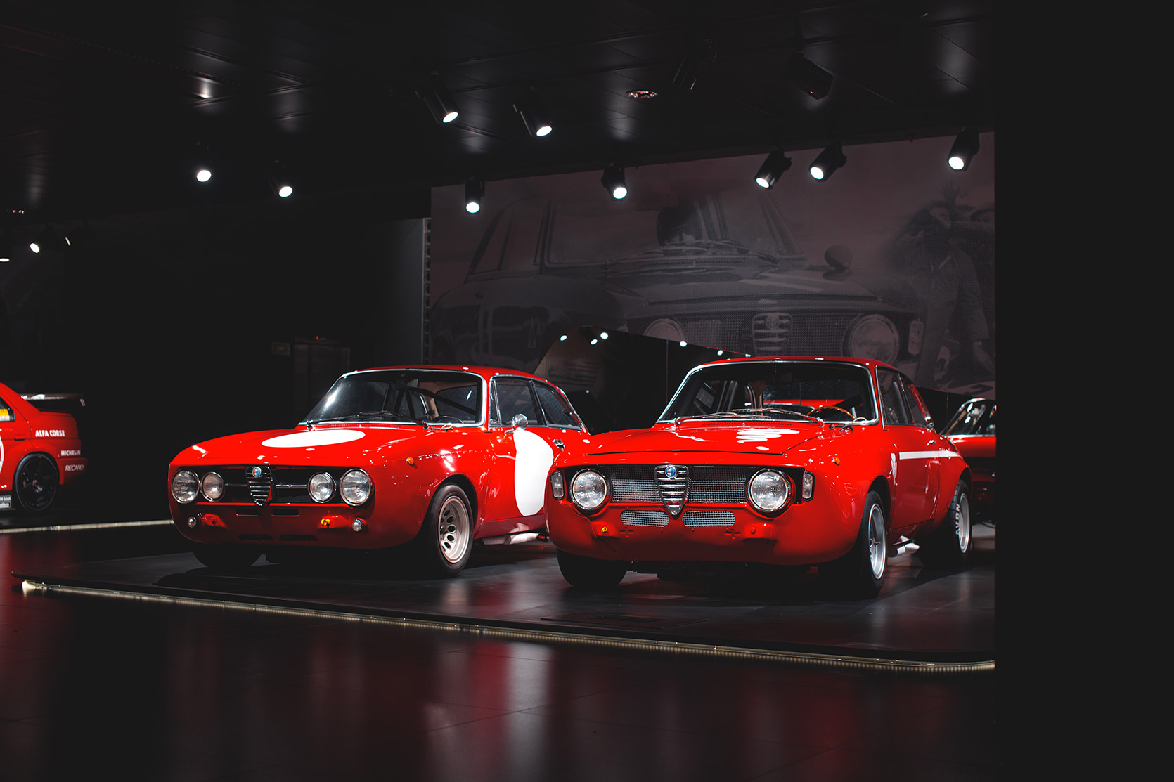 An Alfa Romeo Giulia 1300 GTA and a 1750 GTAM at Alfa Romeo Museum