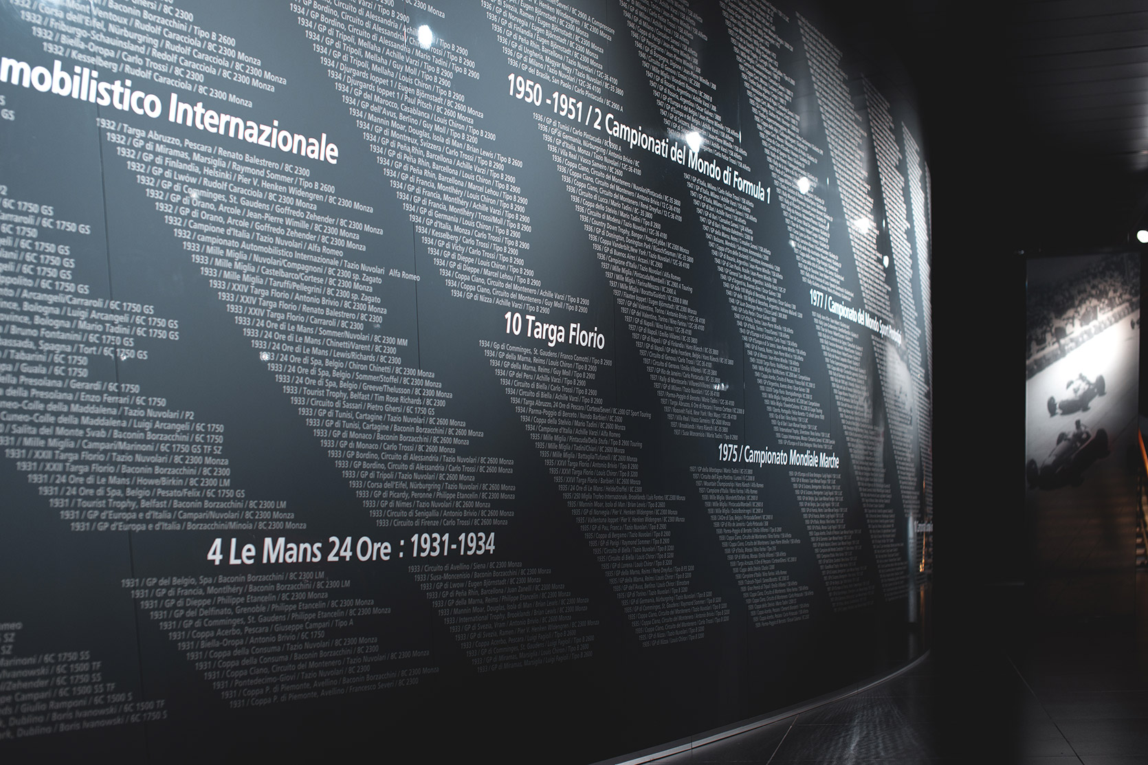 The Alfa Romeo history competion wall at Alfa Romeo Museum