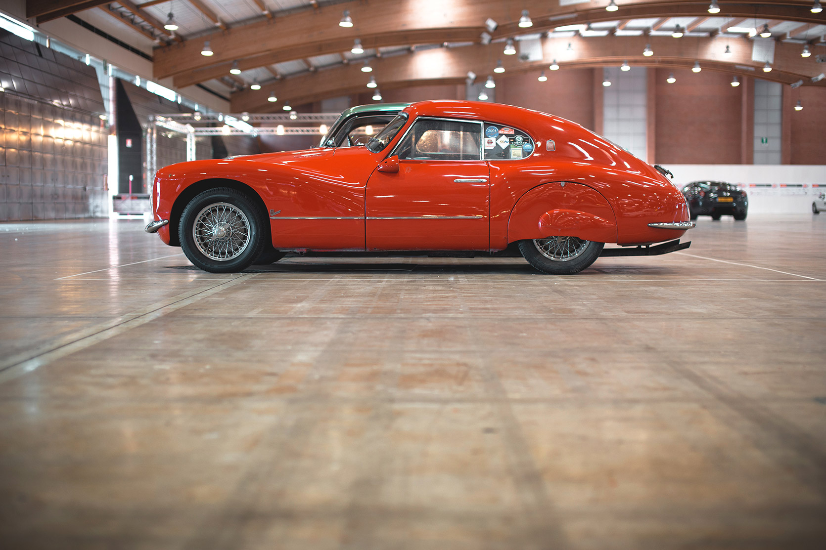 A Fiat 8V in Brescia Fiere ready for the Mille Miglia checks