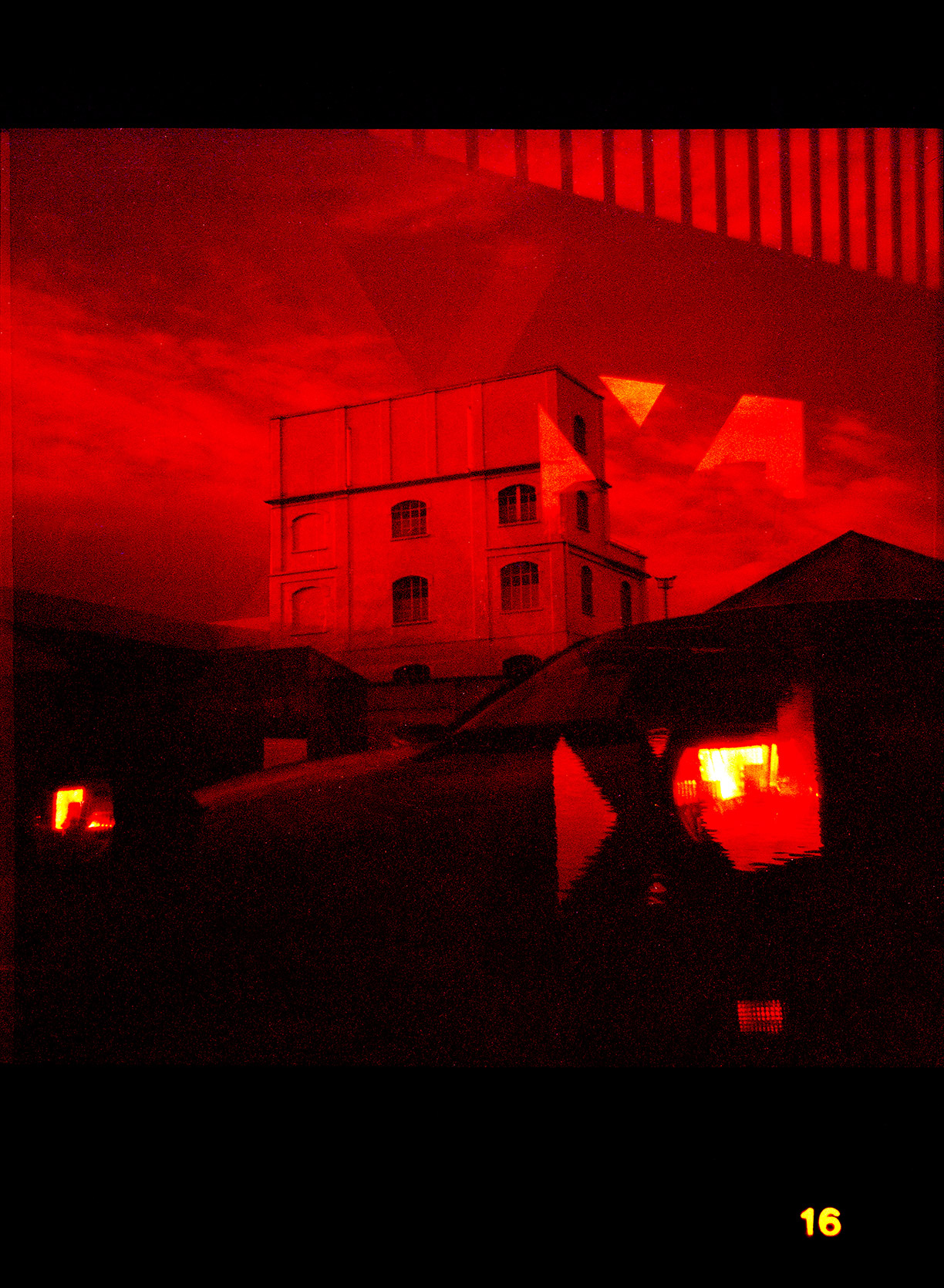Double exposure of a Mazda Rx-7 FC pop-up headlights and the Fondazione Prada in Milano