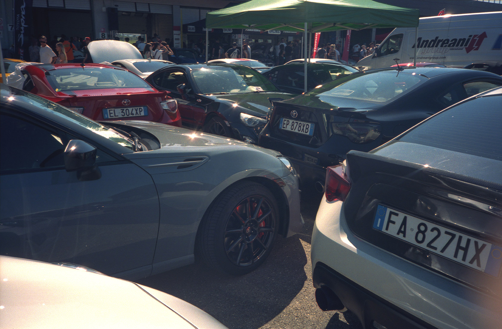 A group of Toyota GT86 in the paddock of Autodromo Modena at Japanese Cars Meeting