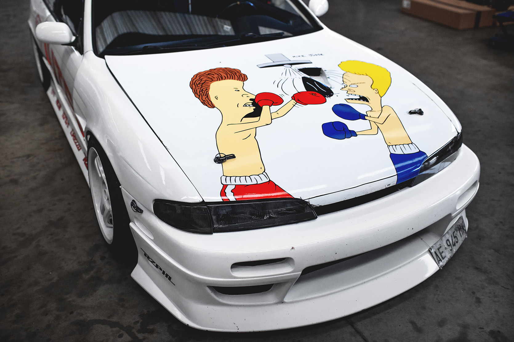 Beavis and Butt-Head Sticker on Rizphel's Nissan Silvia S14 hood
