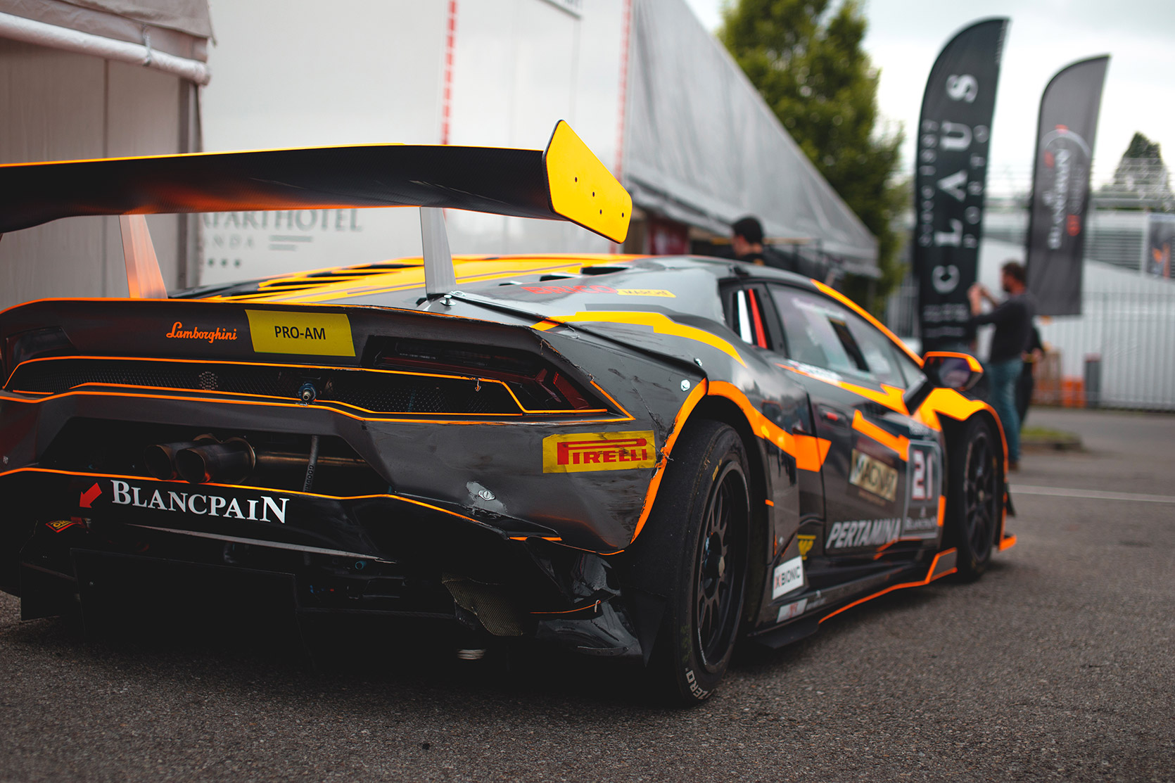 Crashed Lamborghini Huracan Evo Super Trofeo in the paddock of Autodromo Nazionale Monza