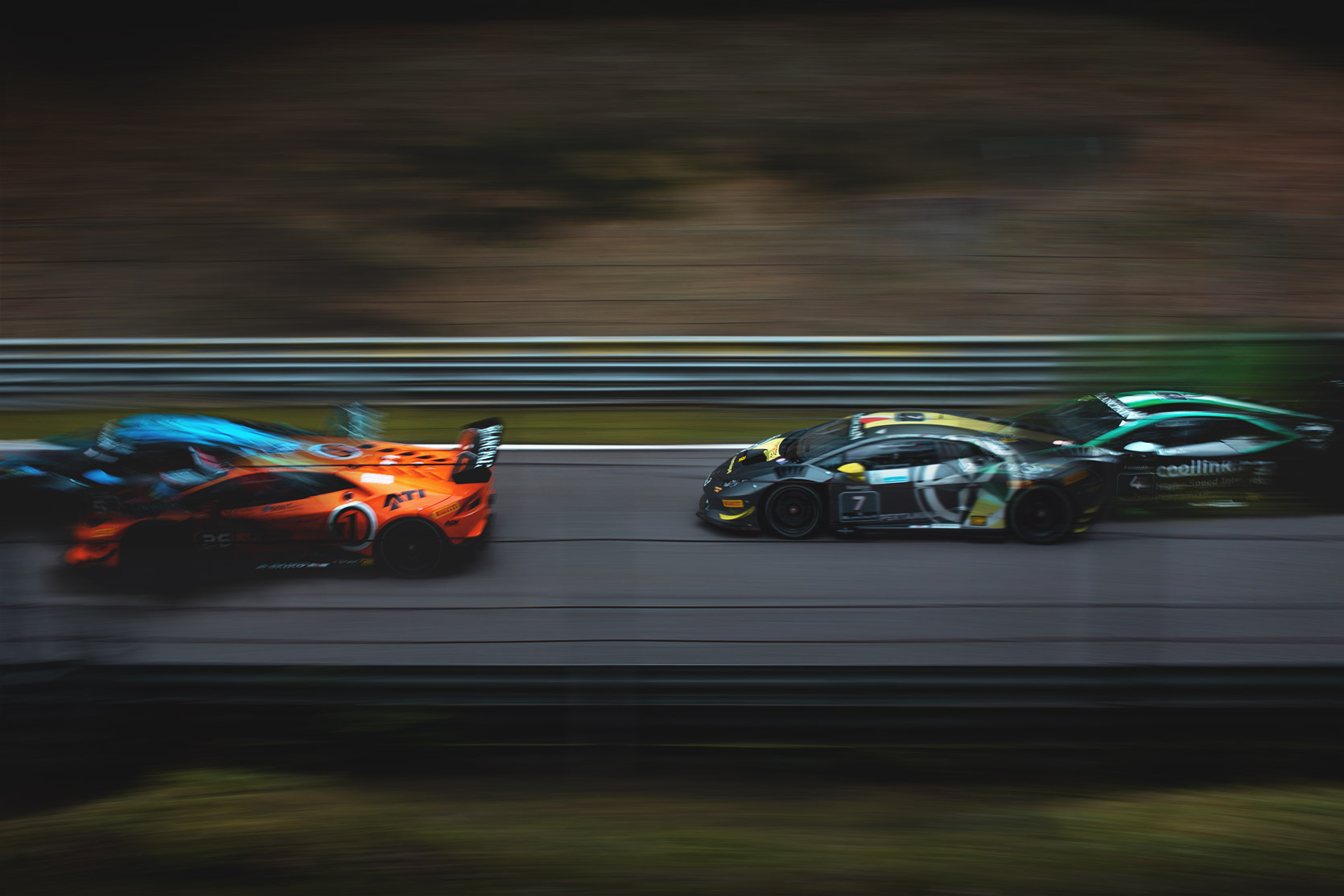 A group of Lamborghini Huracan Evo Super Trofeo panning at Autodromo Nazionale Monza