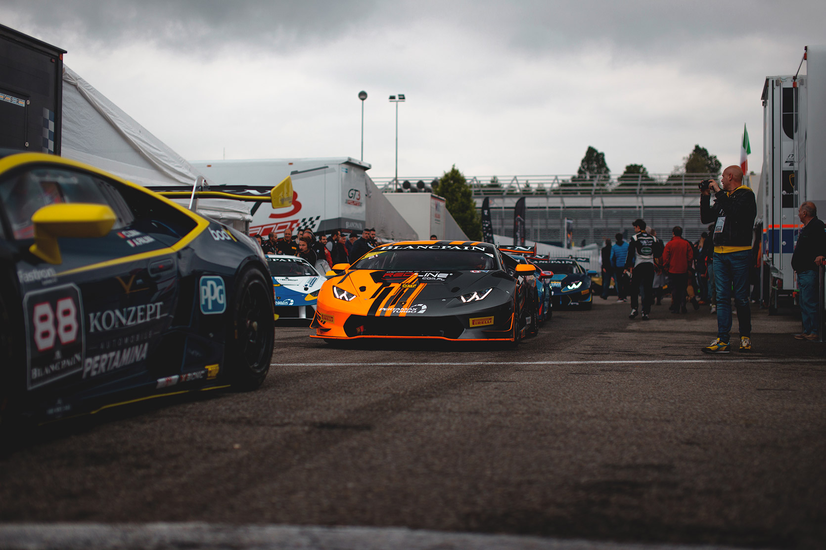 Four Lamborghini Huracan Evo Super Trofeo in a row in the paddock of Autodromo Nazionale Monza