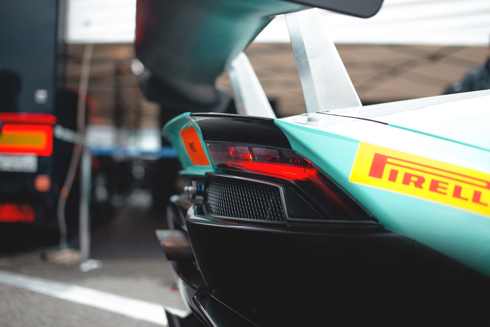 A Lamborghini Huracan Evo Super Trofeo tail-lights in the paddock of Autodromo Nazionale Monza
