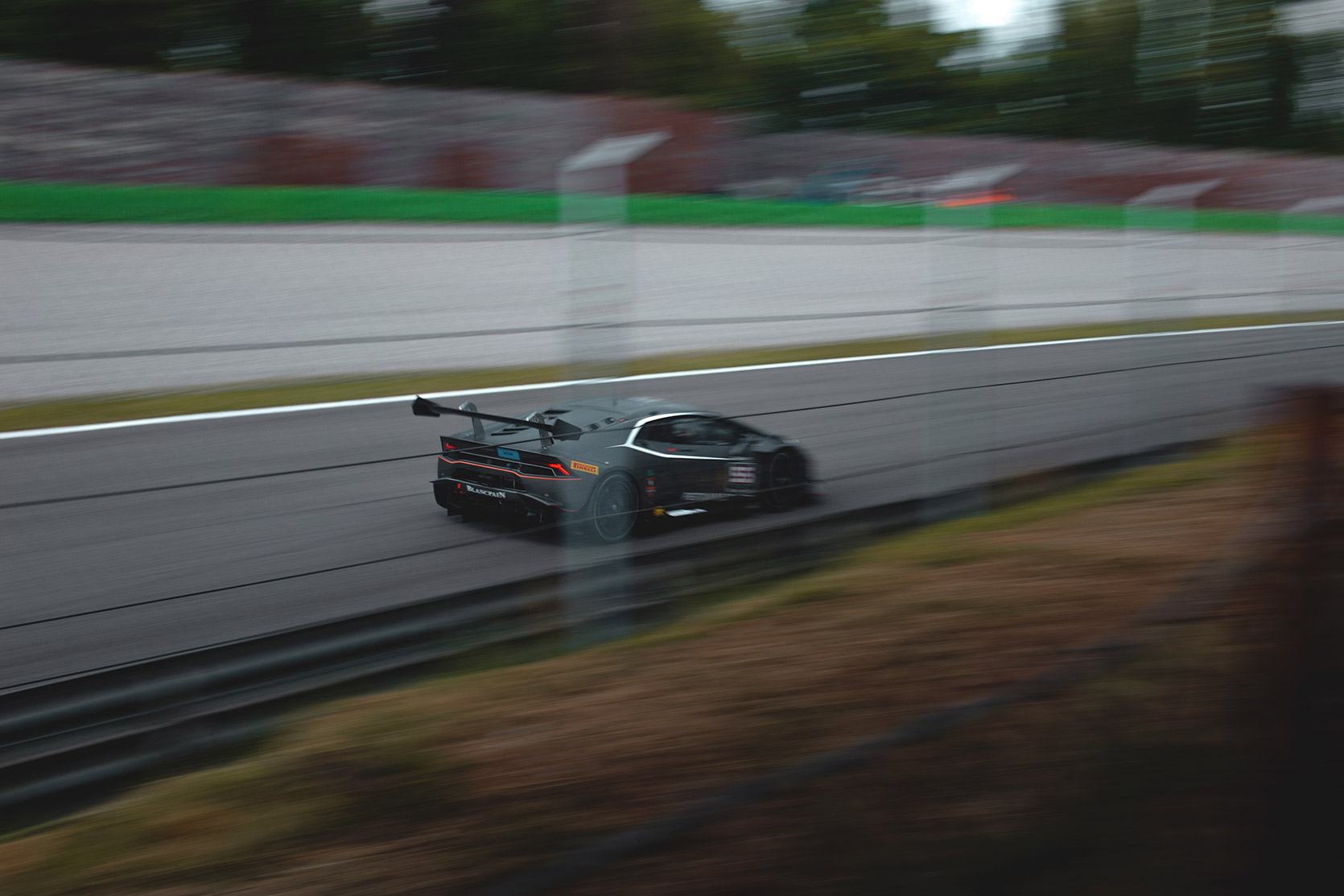 A Lamborghini Huracan Evo Super Trofeo panning after Prima Variante curve at Autodromo Nazionale Monza 