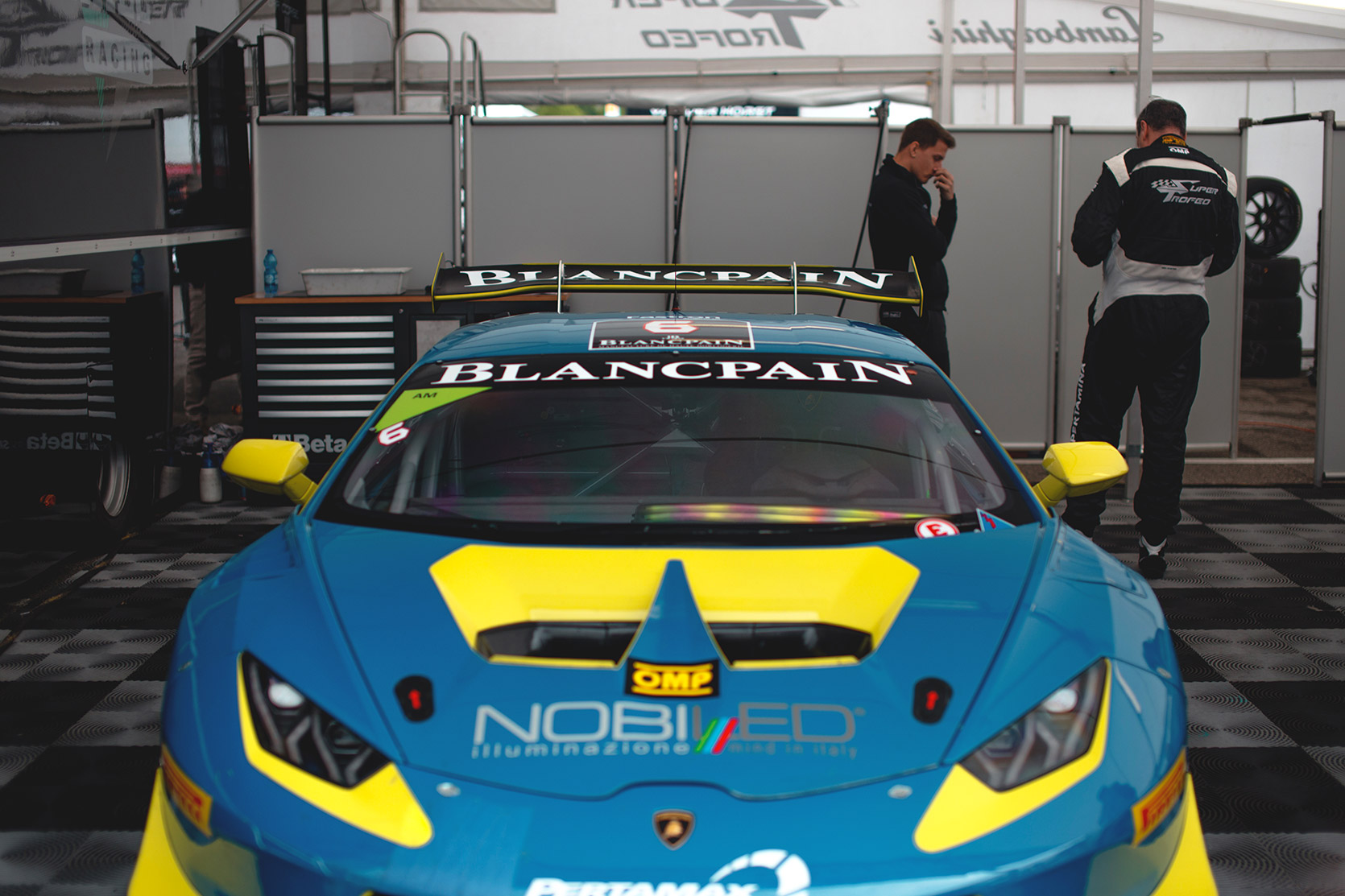 A Lamborghini Huracan Evo Super Trofeo front end in the paddock of Autodromo Nazionale Monza