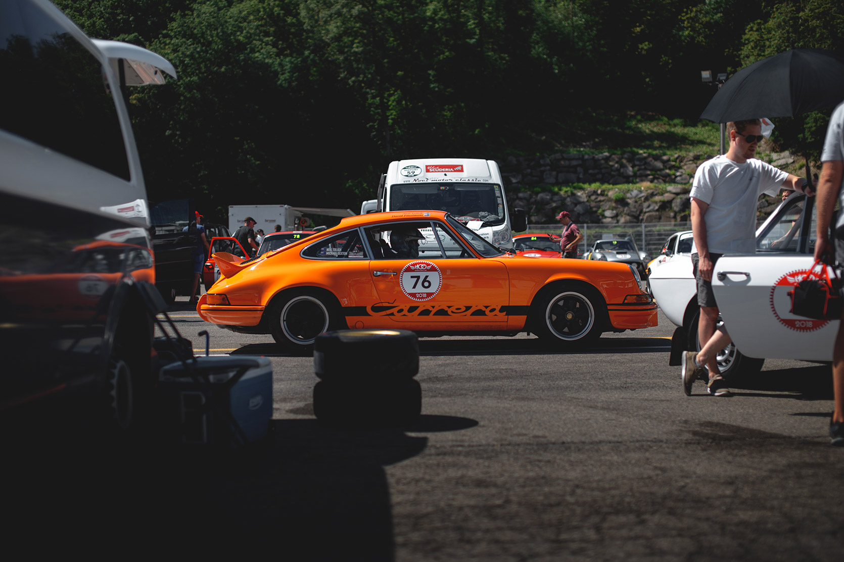 A Porsche 911 Carrera RSR in the paddock of Autodromo Varano De Melegari ready for the race at Modena 100 Ore