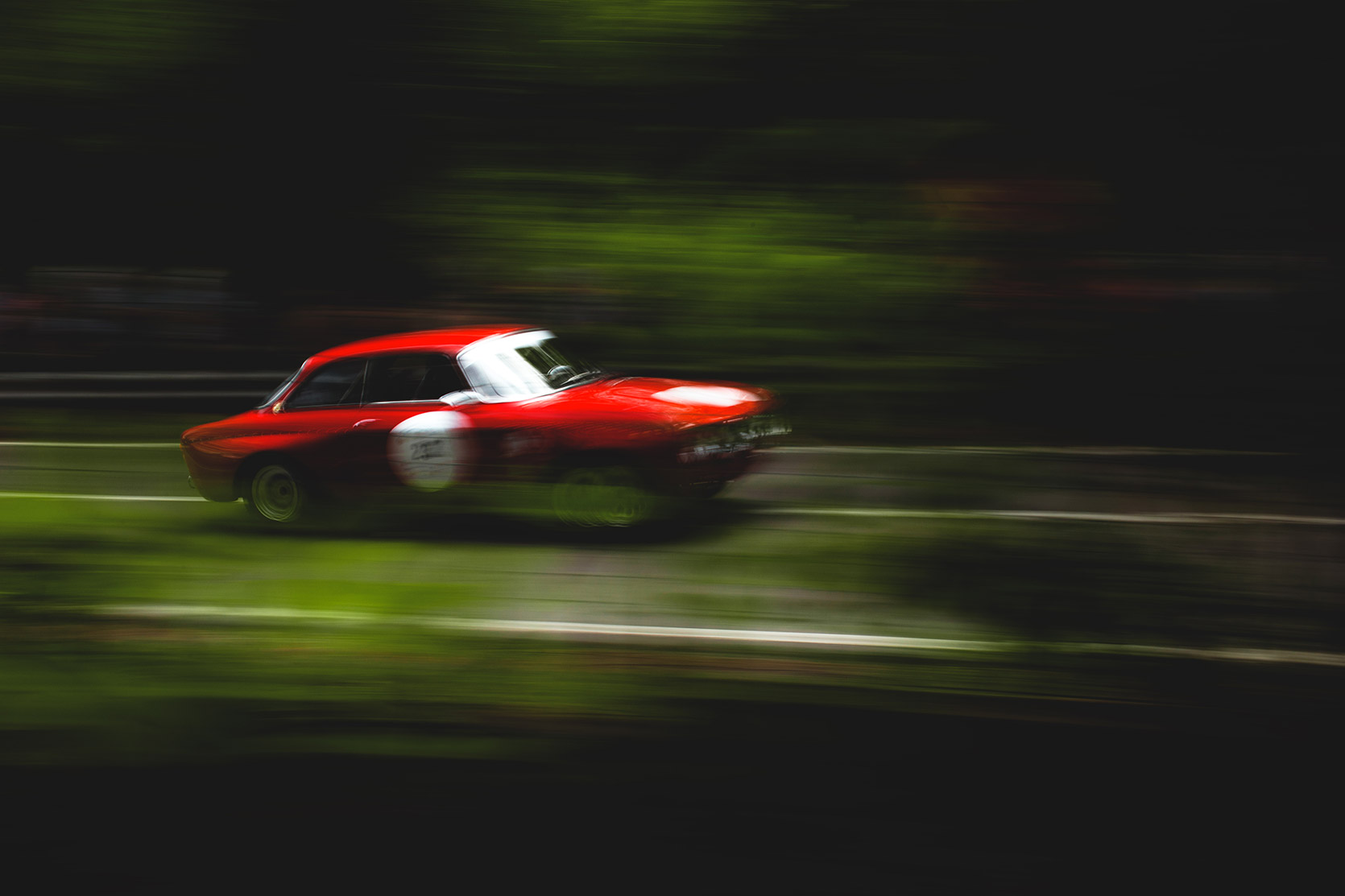 An Alfa Romeo Giulia GTAM panning throught the trees at Vernasca Silver Flag