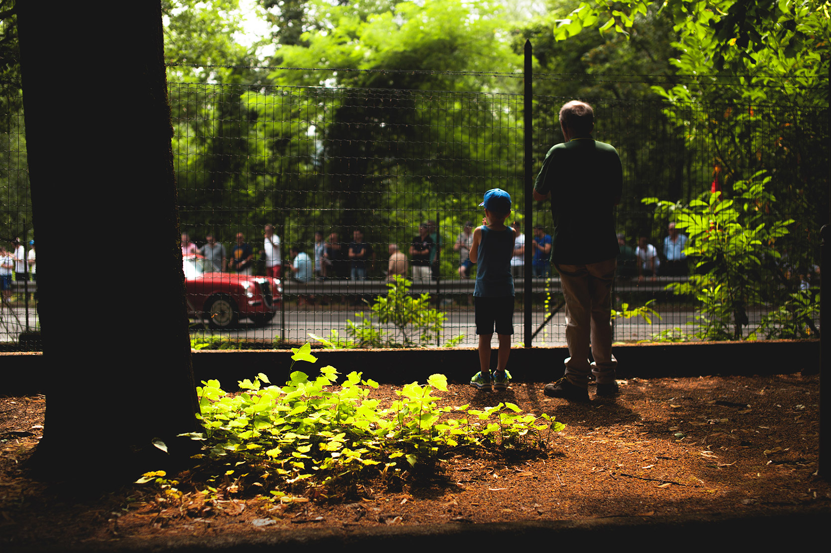 A grandfather with his nephew watching pass cars behind a net at Vernasca Silver Flag