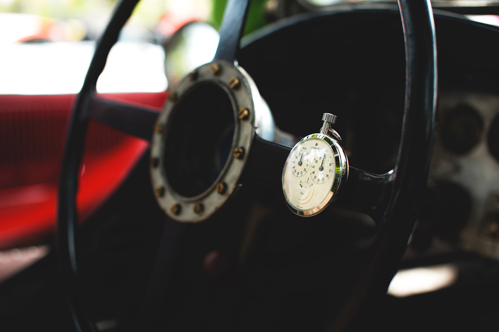 A Riley Big Four Supercharged steering wheel with a chronometer at Vernasca Silver Flag